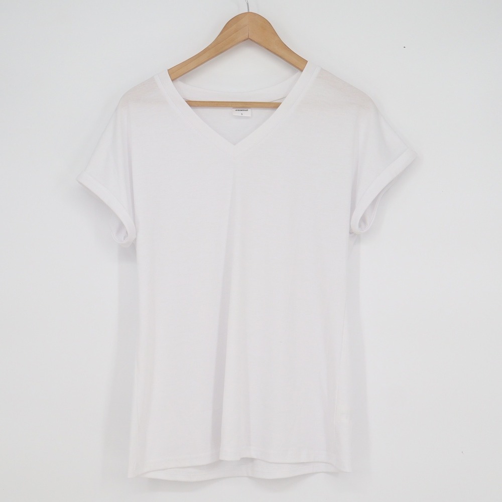 XIEERDUO Womens White V-Neck Short Sleeve Rolled Cuff T-Shirt Size S